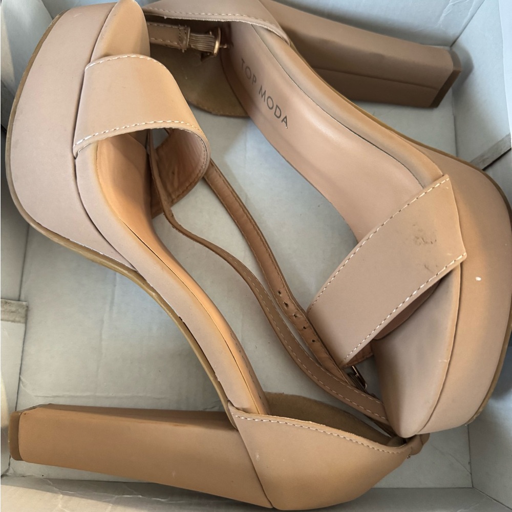 TOP Moda Blush Nude Block Heel Sandals with Ankle Strap